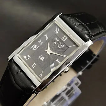 Seiko Slim Rectangular Quartz Black Face Black Band Men's Wrist Watch C77