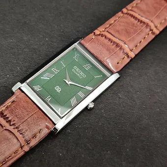 Seiko Slim Rectangular Quartz Green Face Brown Band Men's Wrist Watch C78
