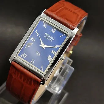 Seiko Slim Rectangular Quartz Blue Face Brown Band Men's Wrist Watch C79