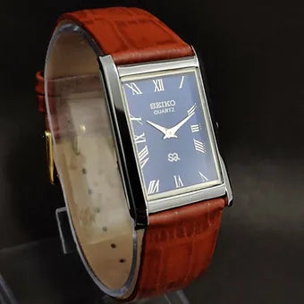 Seiko Slim Rectangular Quartz Blue Face Brown Band Men's Wrist Watch C79