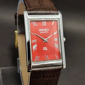 Seiko Slim Rectangular Quartz Red Face Brown Band Men's Wrist Watch C80