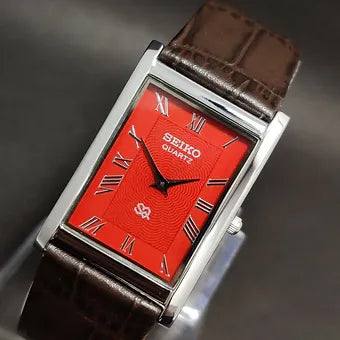 Seiko Slim Rectangular Quartz Red Face Brown Band Men's Wrist Watch C80