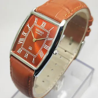 Seiko Slim Barrel Quartz Red Face Brown Band Men's Wrist Watch C84