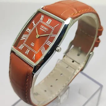 Seiko Slim Barrel Quartz Red Face Brown Band Men's Wrist Watch C84