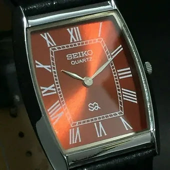 Seiko Slim Barrel Quartz Red Face Black Band Men's Wrist Watch C85