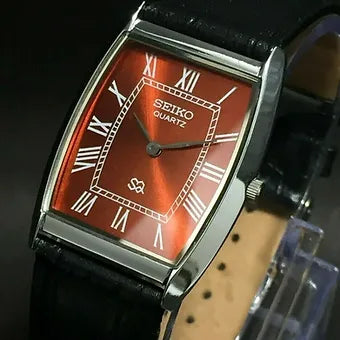 Seiko Slim Barrel Quartz Red Face Black Band Men's Wrist Watch C85