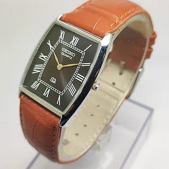 Seiko Slim Barrel Quartz Black Face Brown Band Men's Wrist Watch C86