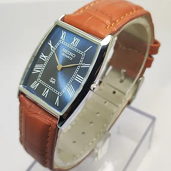 MOD Seiko Slim Barrel Quartz Blue Face Brown Band Men's Wrist Watch C87