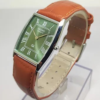 Seiko Slim Barrel Quartz Green Face Brown Band Men's Wrist Watch C88