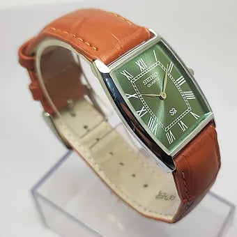 Seiko Slim Barrel Quartz Green Face Brown Band Men's Wrist Watch C88