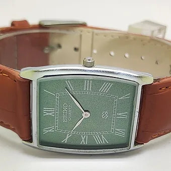 Seiko Slim Barrel Quartz Green Face Brown Band Men's Wrist Watch C88
