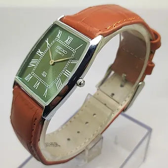 Seiko Slim Barrel Quartz Green Face Brown Band Men's Wrist Watch C88