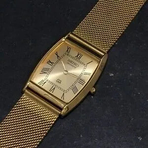 Seiko Slim Barrel Quartz Golden Face Mesh Band Men's Wrist Watch C93