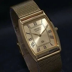 Seiko Slim Barrel Quartz Golden Face Mesh Band Men's Wrist Watch C93