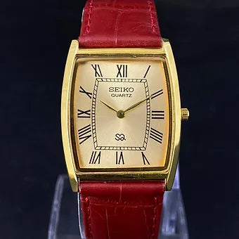 MOD Seiko Slim Barrel Quartz Golden Face Red Band Men's Wrist Watch C94