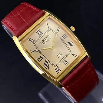 Seiko Slim Barrel Quartz Golden Face Red Band Men's Wrist Watch C94