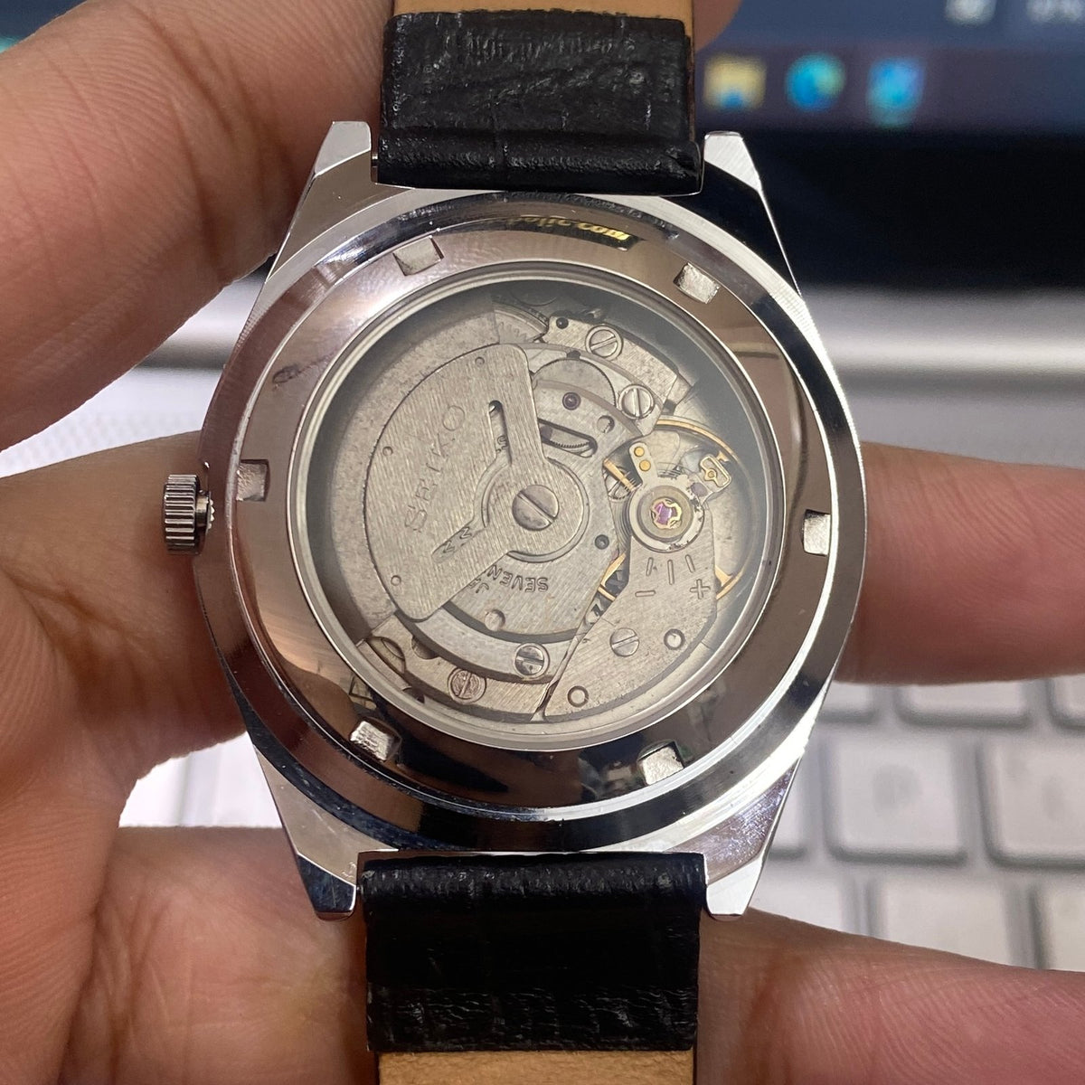 Vintage MOD Seiko 5 Automatic 17Jewels Cal. 6309 Silver Face Black Band Men's Wrist Watch D02