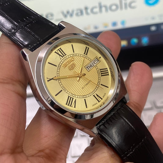 Vintage Seiko 5 Automatic 17Jewels Cal. 6309 Golden Face Black Band Men's Wrist Watch D05