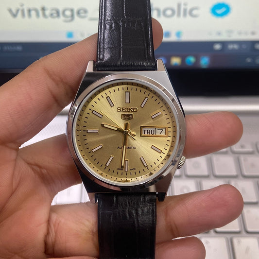 Vintage Seiko 5 Automatic 17Jewels Cal. 6309 Golden Face Black Band Men's Wrist Watch D07