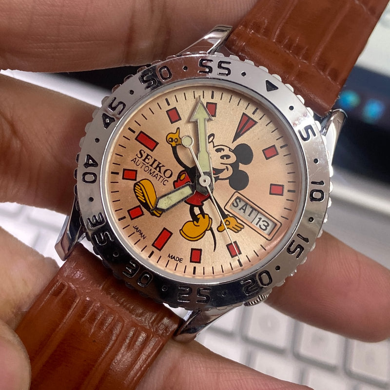 Vintage MOD Seiko 5 Automatic 17Jewels Cal. 6309 Peach Face Brown Band Fix Bezel Men's Wrist Watch D11