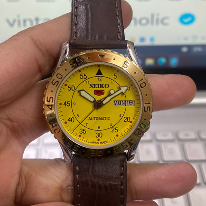 Vintage Seiko 5 Automatic 17Jewels Cal. 6309 Yellow Face Brown Band Fix Bezel Men's Wrist Watch D12