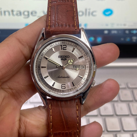 Vintage Seiko 5 Automatic 17Jewels Cal. 6309 Silver Face Brown Band Men's Wrist Watch D13