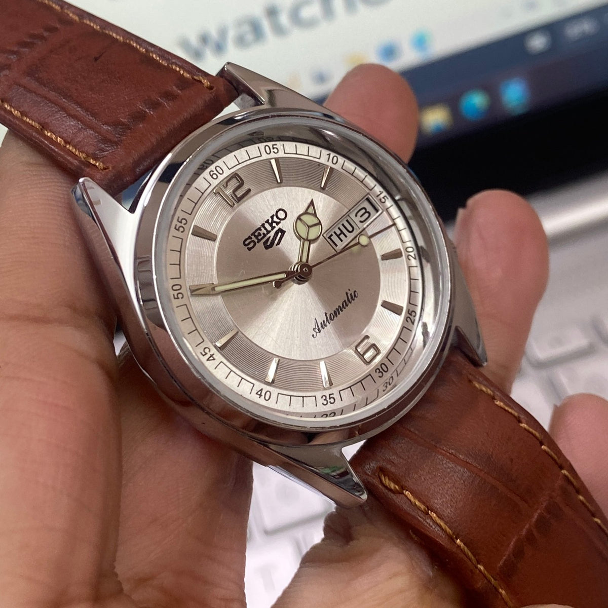 Vintage MOD Seiko 5 Automatic 17Jewels Cal. 6309 Silver Face Brown Band Men's Wrist Watch D13