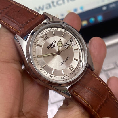 Vintage Seiko 5 Automatic 17Jewels Cal. 6309 Silver Face Brown Band Men's Wrist Watch D13