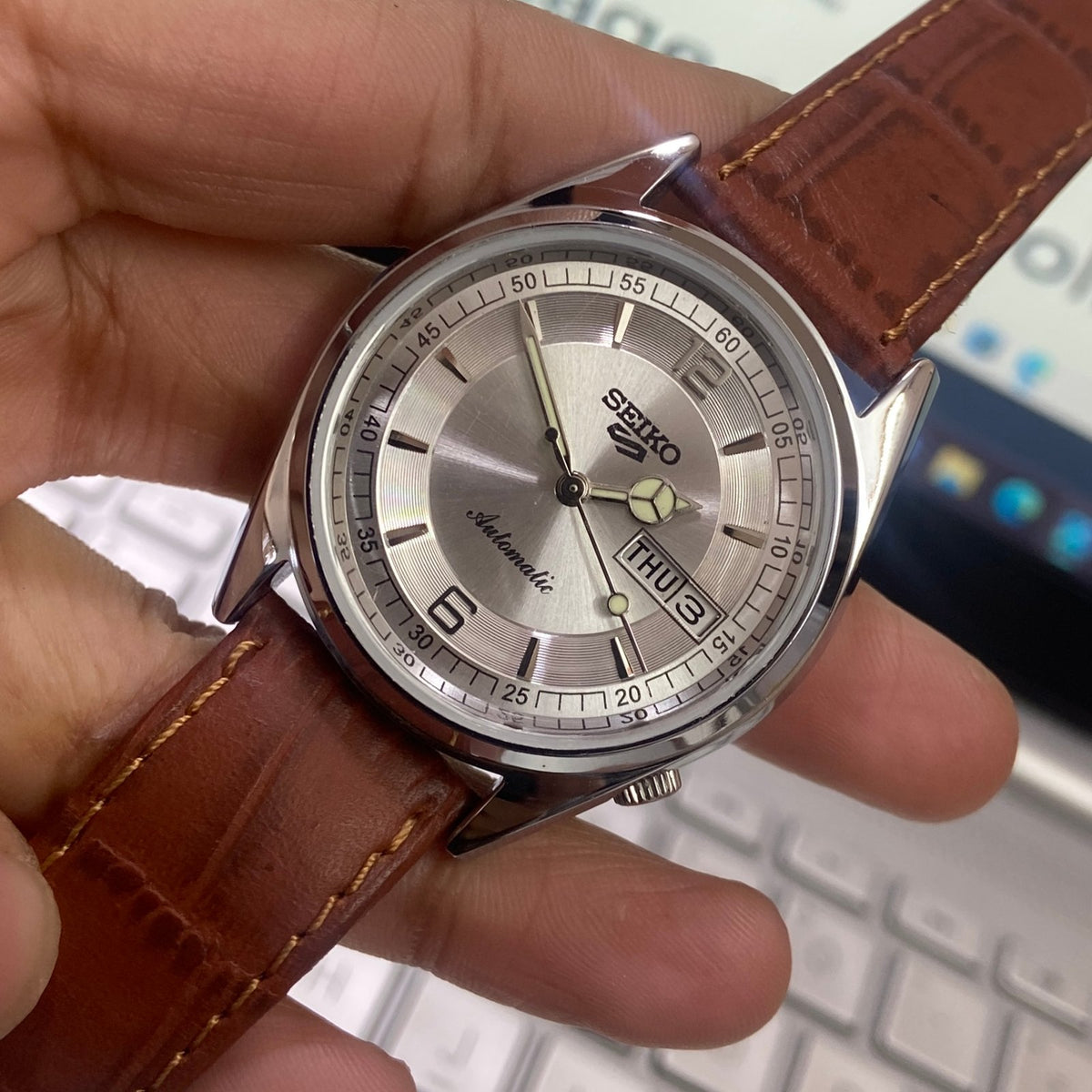 Vintage MOD Seiko 5 Automatic 17Jewels Cal. 6309 Silver Face Brown Band Men's Wrist Watch D13