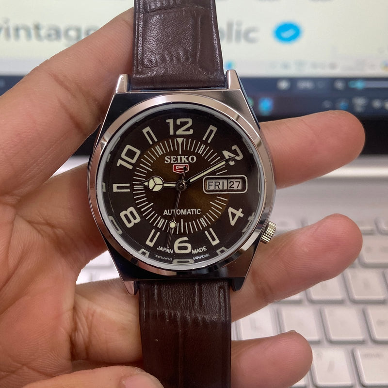 Vintage MOD Seiko 5 Automatic 17Jewels Cal. 6309 Brown Face Brown Band Men's Wrist Watch D14