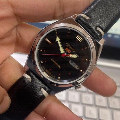 Vintage Seiko 5 Automatic 17Jewels Cal. 7009 Black Face Black Band Men's Wrist Watch D15