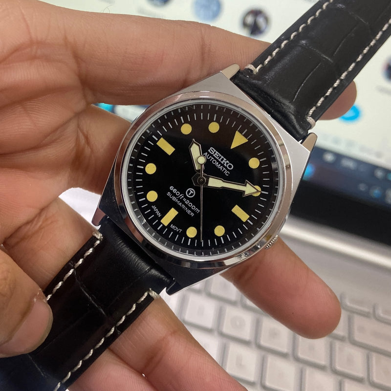 Vintage MOD Seiko 5 Automatic 17 Jewels Cal. 6309 Black Face Black Leather Band Men's Wrist Watch D17