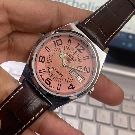 Vintage Mod Seiko 5 Automatic 17 Jewels Cal. 6309 Copper Face Brown Leather Band Day-Date Men's Wrist Watch D20