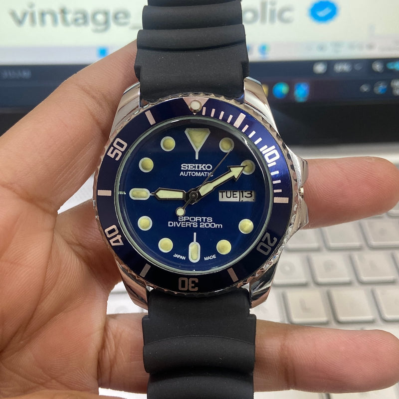 Vintage MOD Seiko Diver Automatic Cal. 6309 17 Jewels Blue Face Black Silicone Strap Rotating Bezel Men's Wrist Watch D34