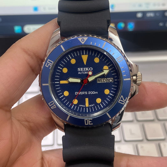 Vintage Seiko Diver Automatic Cal. 6309 17 Jewels Blue Face Black Silicone Strap Rotating Bezel Men's Wrist Watch D35
