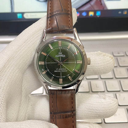 Vintage Roamer Green Face Silver Case Mechanical Hand Winding 17 jewels Brown Leather Strap Men's Wrist Watch D51