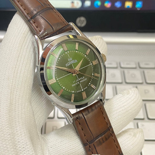 Vintage Roamer Green Face Silver Case Mechanical Hand Winding 17 jewels Brown Leather Strap Men's Wrist Watch D51