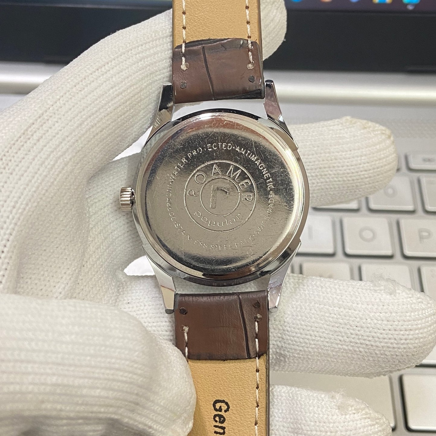 Vintage Roamer Green Face Silver Case Mechanical Hand Winding 17 jewels Brown Leather Strap Men's Wrist Watch D51