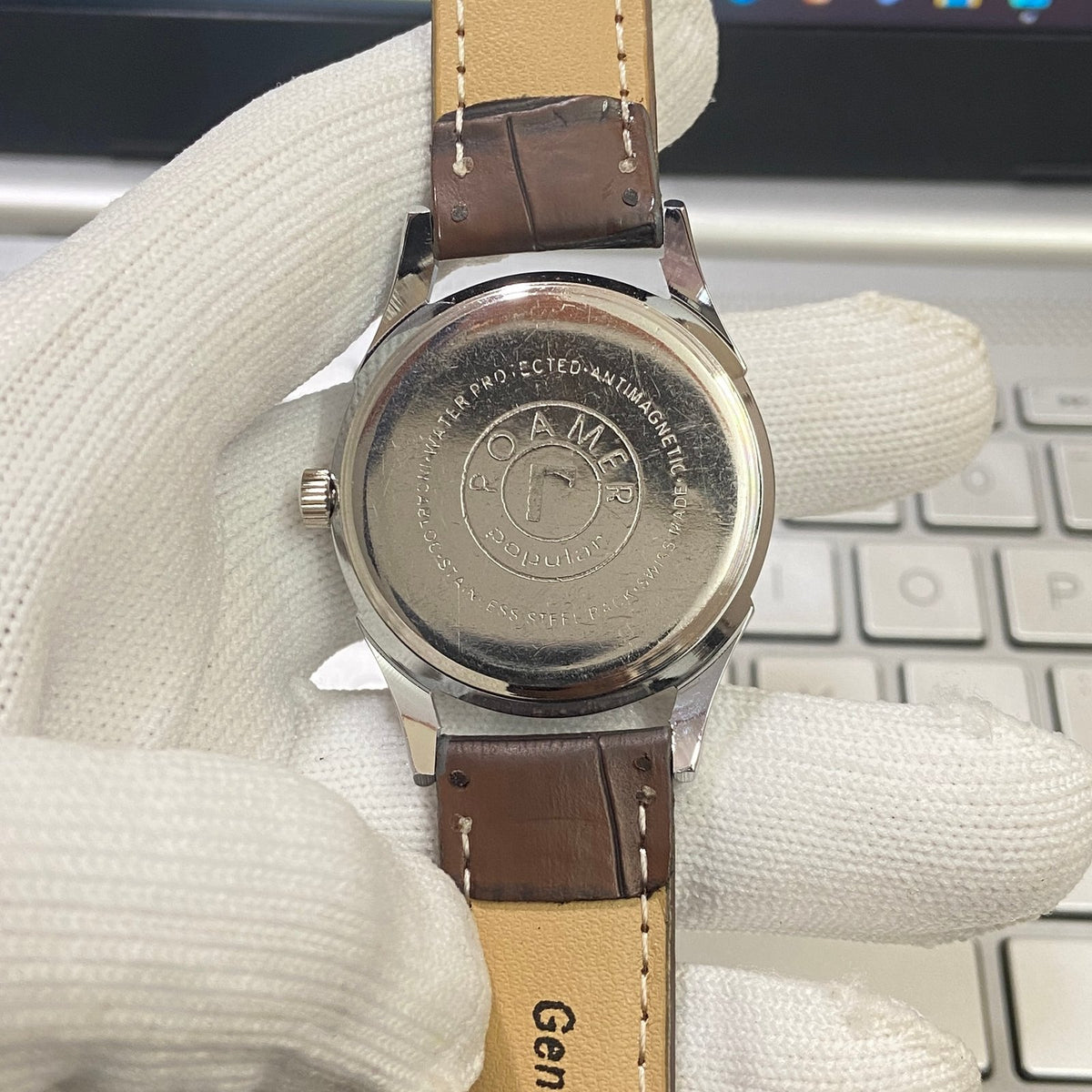 Vintage Mod Roamer Green Face Silver Case Mechanical Hand Winding 17 jewels Brown Leather Strap Men's Wrist Watch D51