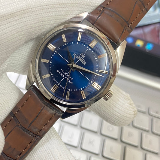 Vintage Roamer Blue Face Silver Case Mechanical Hand Winding 17 jewels Brown Leather Strap Men's Wrist Watch D52