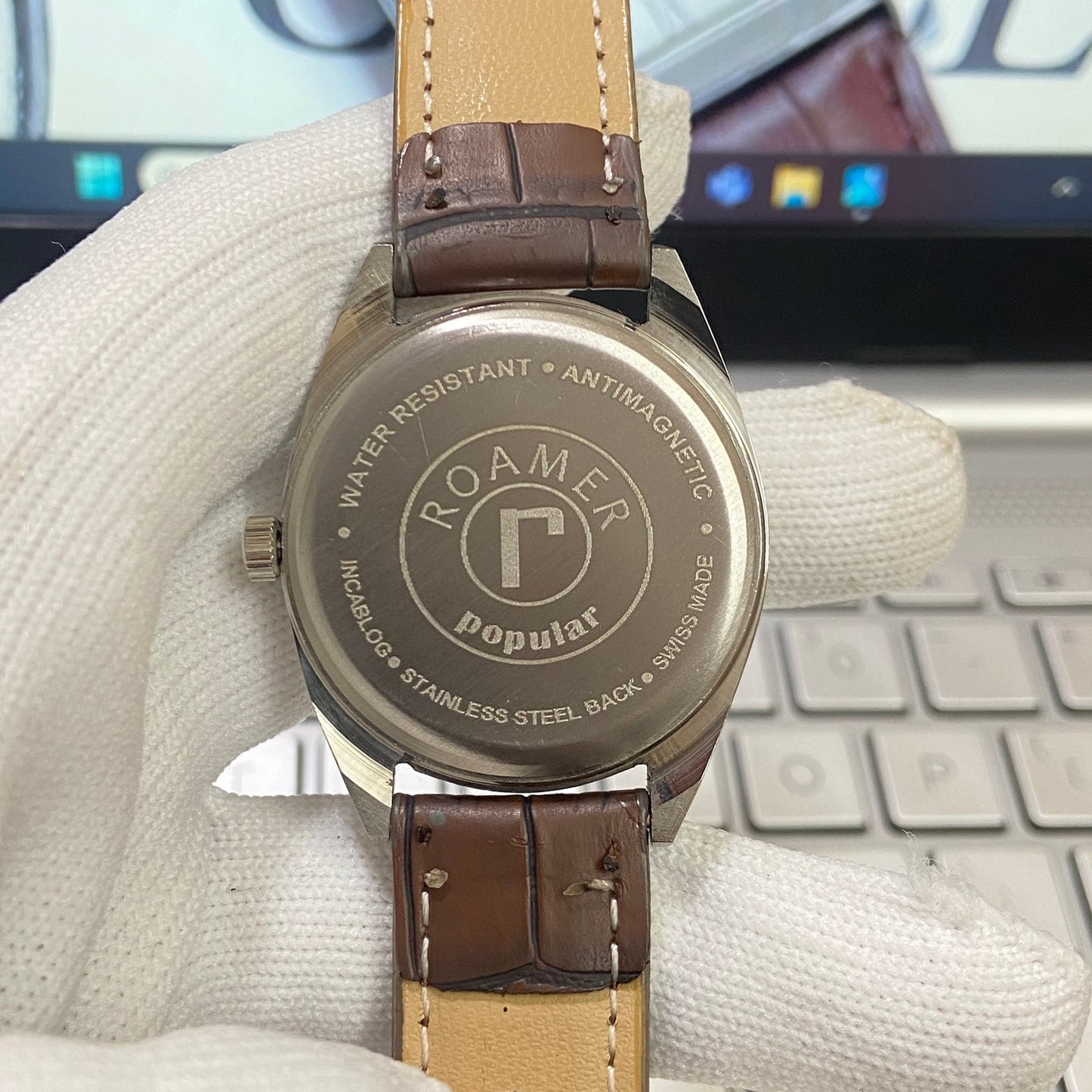 Vintage Roamer Blue Face Silver Case Mechanical Hand Winding 17 jewels Brown Leather Strap Men's Wrist Watch D52
