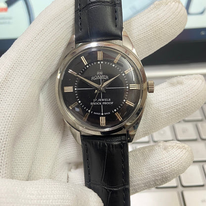 Vintage Roamer Black Face Silver Case Mechanical Hand Winding 17 jewels Black Leather Strap Men's Wrist Watch D53