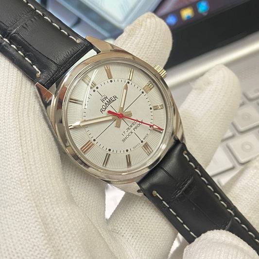Vintage Roamer white Face Silver Case Mechanical Hand Winding 17 jewels Black Leather Strap Men's Wrist Watch D54