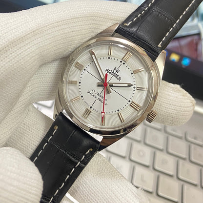 Vintage Roamer white Face Silver Case Mechanical Hand Winding 17 jewels Black Leather Strap Men's Wrist Watch D54
