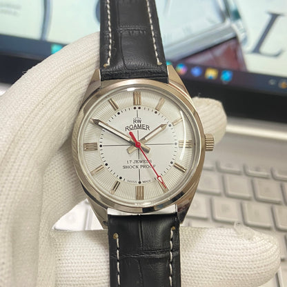 Vintage Roamer white Face Silver Case Mechanical Hand Winding 17 jewels Black Leather Strap Men's Wrist Watch D54