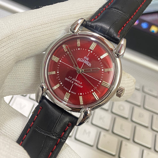 Vintage Roamer Red Face Silver Case Mechanical Hand Winding 17 jewels Black Leather Strap Men's Wrist Watch D55