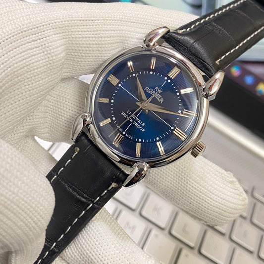 Vintage Roamer Blue Face Silver Case Mechanical Hand Winding 17 jewels Black Leather Strap Men's Wrist Watch D56