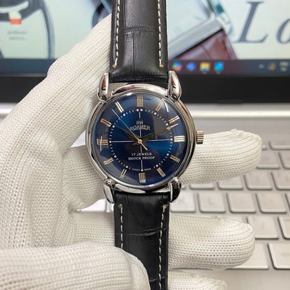Vintage Roamer Blue Face Silver Case Mechanical Hand Winding 17 jewels Black Leather Strap Men's Wrist Watch D56