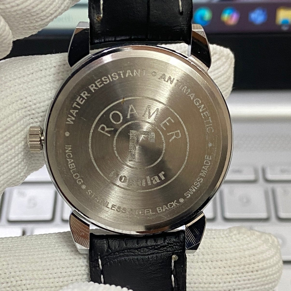 Vintage Roamer Blue Face Silver Case Mechanical Hand Winding 17 jewels Black Leather Strap Men's Wrist Watch D56