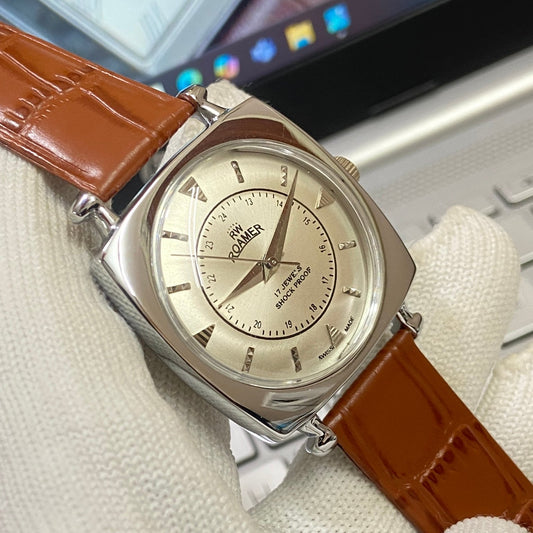 Vintage Roamer silver Face Silver Case Mechanical Hand Winding 17 jewels Brown Leather Strap Men's Wrist Watch D57